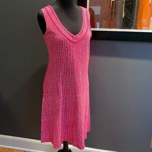 fresh produce pink/white print a-line v neck sleeveless midi. Neckline detail.